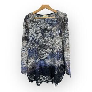 One World Women Large Lace Hem Knit Floral Sweater Tunic Artsy Hippie Lagenlook